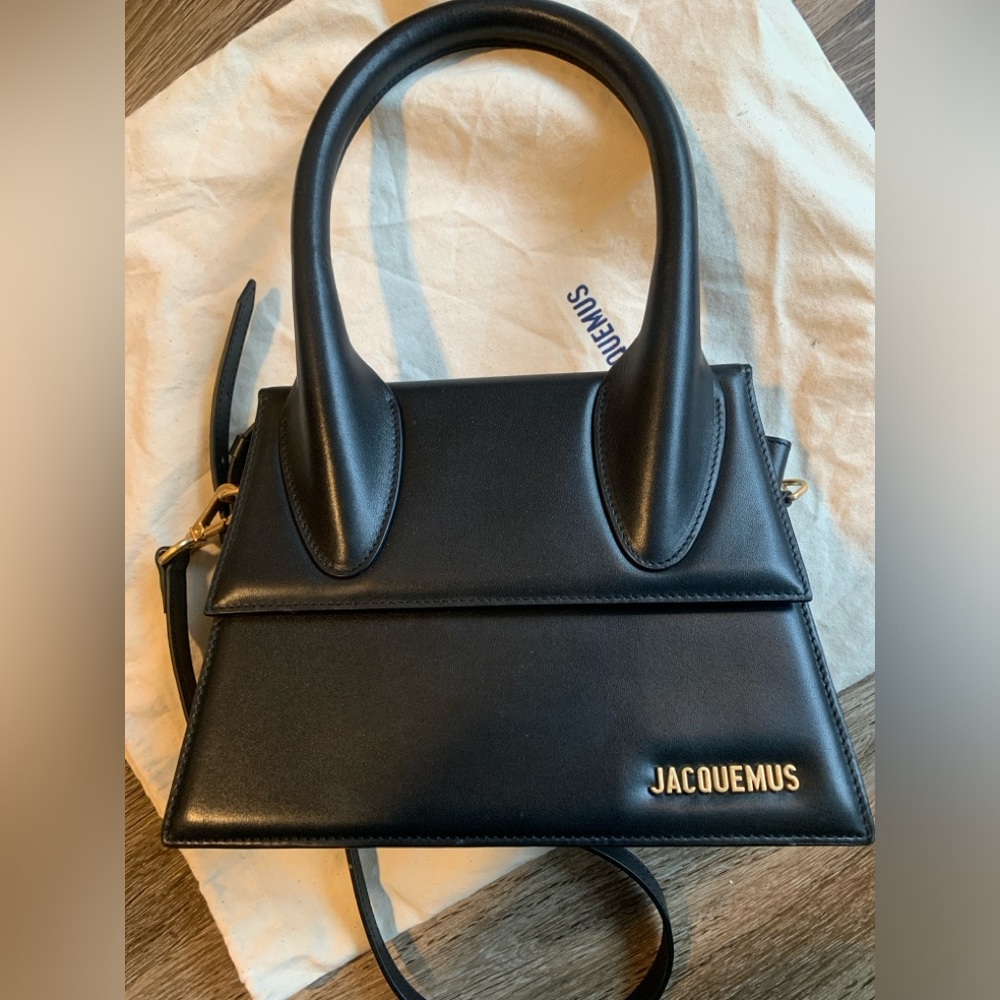 Jacquemus Black Leather Top-Handle Crossbody Bag with Gold Logo